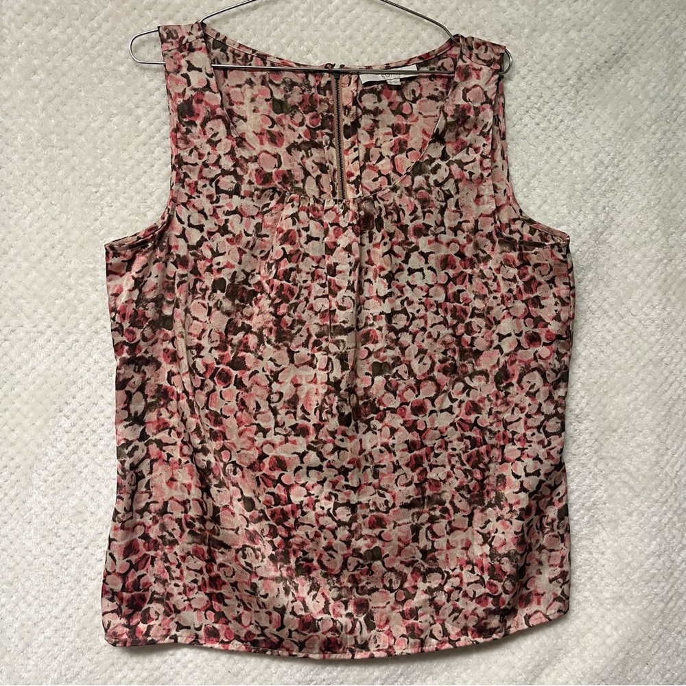 LOFT Tank Top Sleeveless Camisole Back Zip Scoop Neck Pink White Print Womens XL